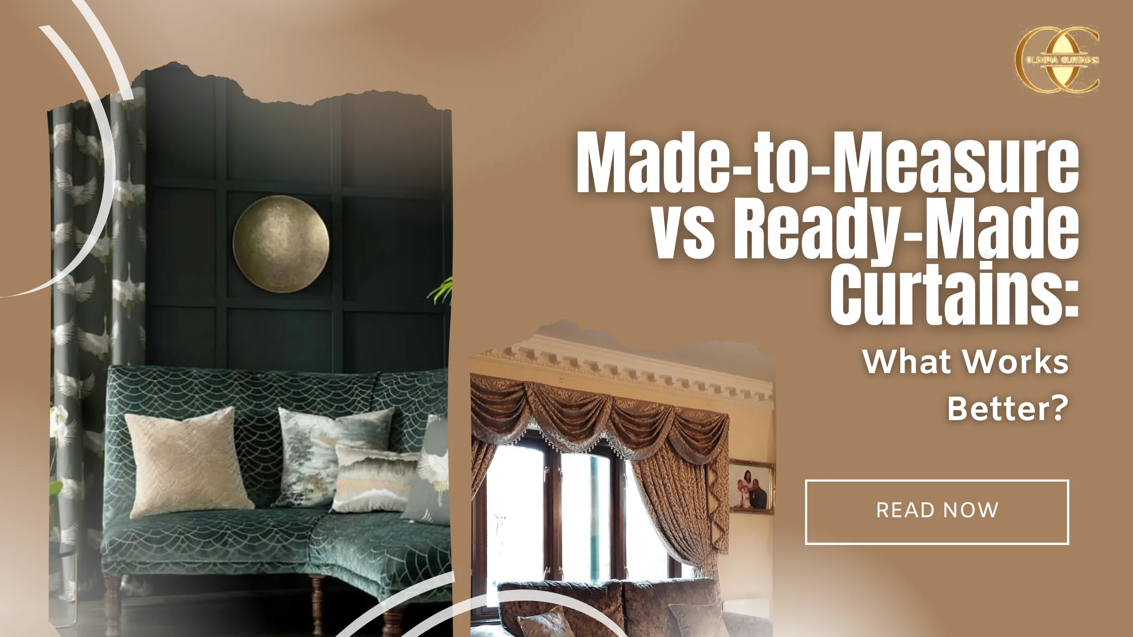 Made-to-measure vs ready-made curtains comparison graphic showing custom fitted curtains and off-the-shelf drapes in stylish living room interiors, highlighting differences in fit, design, quality and value for home curtain solutions.